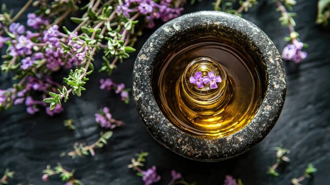 cumin essential oil and mortar. Selective focus