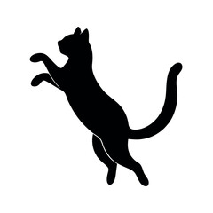 a black silhouette of a cat jumping in the air. The cat is facing towards the right side of the image and its body is stretched upwards