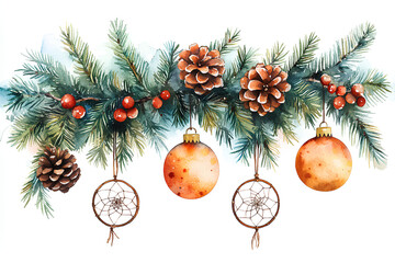 Boho Christmas tree branch clipart, decorated with dreamcatchers, watercolor illustration, natural tones, isolated on white background