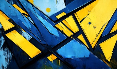 This image depicts a colorful abstract geometric mural