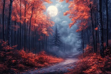 Fototapeta premium mystical autumnal forest bathed in ethereal moonlight mist weaves between vibrant fall foliage creating an enchanting interplay of shadow and soft silvery illumination