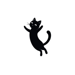 a black silhouette of a cat jumping in the air. The cat is facing towards the right side of the image and its body is stretched upwards
