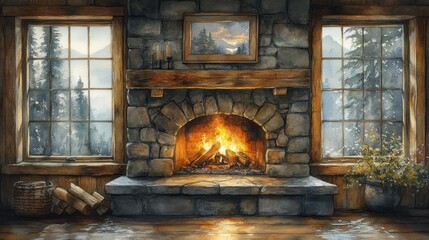 Cozy Cabin Fireplace with Mountain View