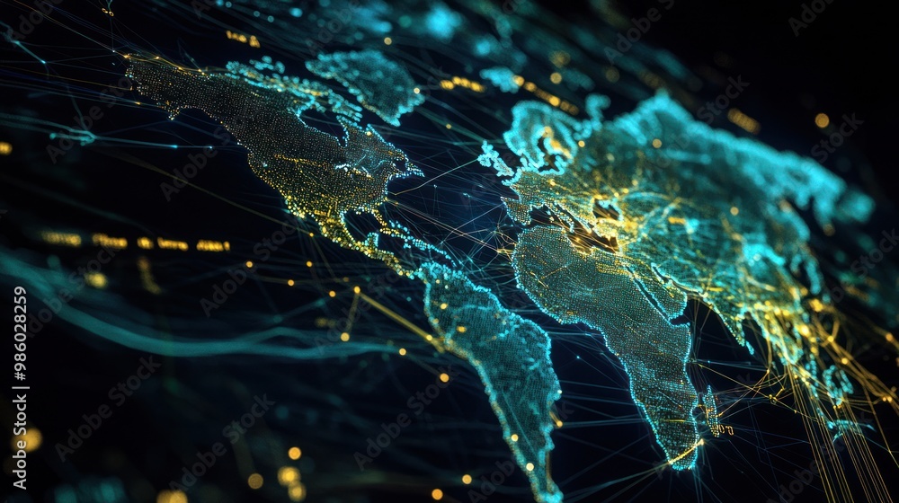 Poster A digital representation of a world map with interconnected data points and lines.