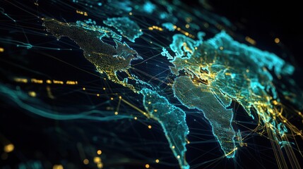 A digital representation of a world map with interconnected data points and lines.