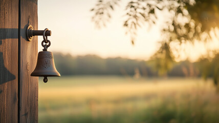 Rustic bell hanging from a barn door, countryside background with blurred fields, large open space on the right side for text or branding