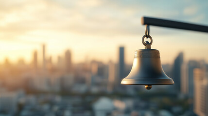 Silver ring bell in the foreground, set against a blurred cityscape, modern urban feel, large copy space in the sky area