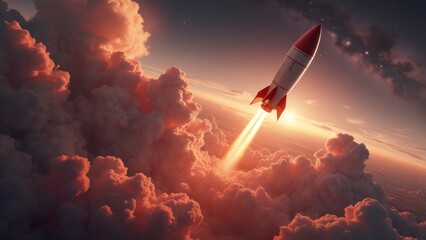 Realistic image of a rocket that flies into space. World Space Week.