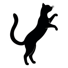 a black silhouette of a cat jumping in the air. The cat is facing towards the right side of the image and its body is stretched upwards