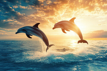 Dolphins leaping from the water against a sunset backdrop