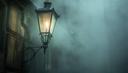 A Victorian street lamp powered by steam, illuminating a foggy alley