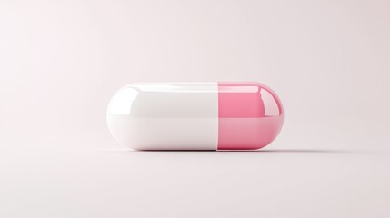 Single white and pink pill on a white background.