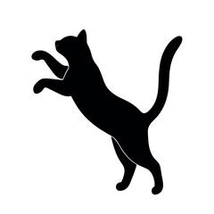 a black silhouette of a cat jumping in the air. The cat is facing towards the right side of the image and its body is stretched upwards