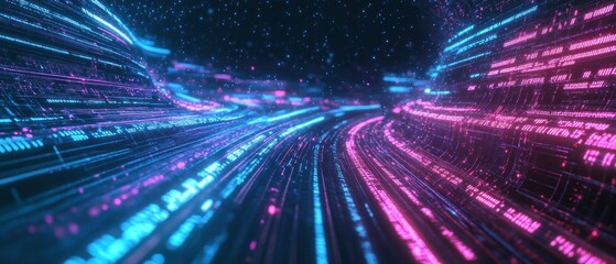 Naklejka premium Abstract digital landscape with glowing lines and particles, suggesting motion and technology.