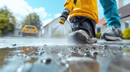 A close-up image capturing a powerful water jet spraying near a person's boot, illustrating an outdoor cleaning activity next to a house on a bright day.