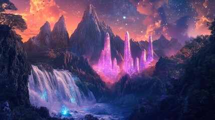 Fototapeta premium A surreal Sci-Fi landscape with glowing, crystal-like trees, a cascading waterfall, and majestic mountains, set under a vibrant, starry sky