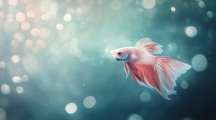 Obraz premium Pink Betta Fish with Long Flowing Fins in a Blue Bokeh Background.
