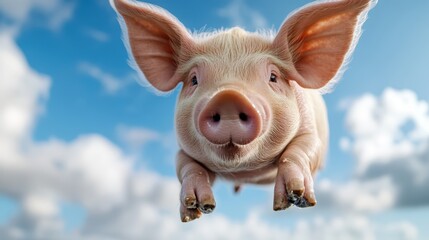 Fototapeta premium A joyful piglet is seen floating mid-air, with its ears flapping and tiny legs extended, set against a clear blue sky, exuding a sense of playful freedom.