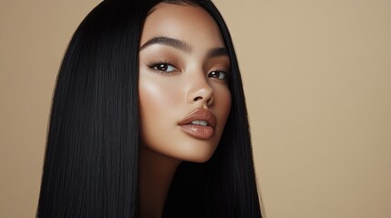 Naklejka premium Close-up portrait of a woman with long black hair and a nude lipstick, looking to the side with a soft and natural expression.