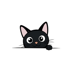 a cartoon illustration of a black cat peeking out from behind a white panel. The cat has round, round eyes and pink ears vector silhouette