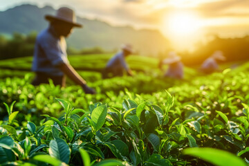 Tea plantation at sunset with workers harvesting leaves