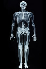 X-ray of full human body, front view on black background