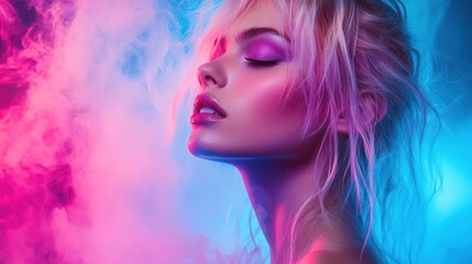 Fototapeta premium Portrait of a young woman with pink eyeshadow and glossy lips, bathed in pink and blue neon lights and smoke.