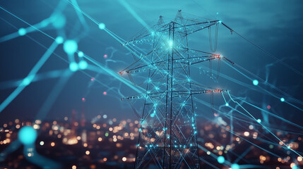 Smart grid technology utilizing AI to balance and optimize energy demand in real-time, ensuring efficient distribution of power across a network. The scene highlights advanced artificial intelligence 
