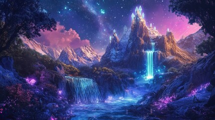Fototapeta premium Surreal Sci-Fi landscape with glowing, crystal-like trees, a cascading waterfall, and majestic mountains, set under a vibrant, starry sky