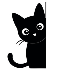 a cartoon illustration of a black cat peeking out from behind a white panel. The cat has round, round eyes and pink ears vector silhouette