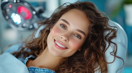 Fototapeta premium A cheerful woman with curly hair lies under a dental light, smiling widely, radiating brightness and positivity in a clinical setting focused on oral health.