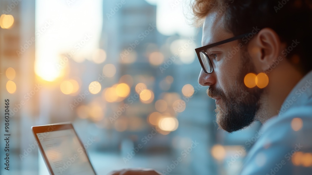 Poster a person is working on a laptop in an office setting during sunset, with bokeh lights from the citys