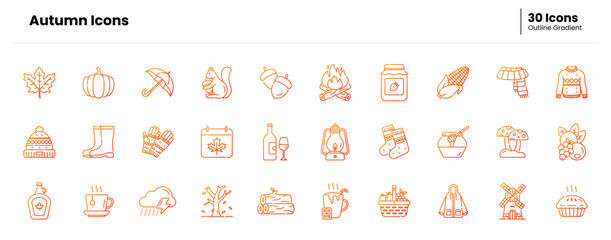 Fototapeta premium Autumn icon set. autumn, leaf, nature, leaves, season, fall, orange, tree, maple, forest. Vector outline gradient icon illustration