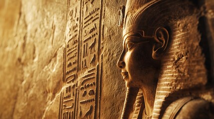 Ancient Egyptian hieroglyphs depicting an ancient man in simple with his hands raised, carved on the wall of one of Egypt's main temples.