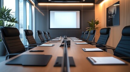 An empty conference table with black leather chairs, a screen and paperwork on the table.