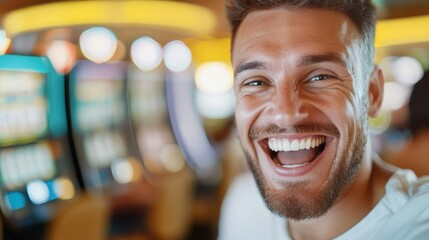 A laughing man with a white shirt poses amid a colorful and lively casino background, capturing a moment of amusement and carefree happiness in the gaming environment.