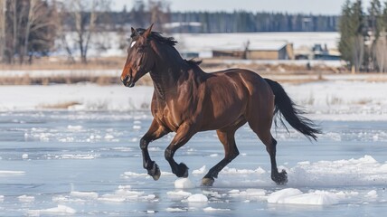 A brown horse gallops across a frozen lake in winter. The sky is clear and blue. The sun is shining.