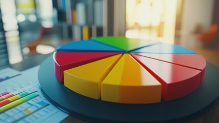 Colorful pie chart on a desk with a blurred background.