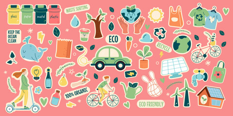 Сollection stickers eco friendly cute elements flat design