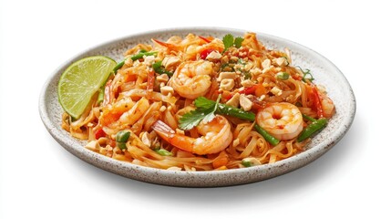 Close-up of a plate of pad Thai with vibrant vegetables, shrimp, and peanuts, served with a slice of lime, set on a pristine white background.