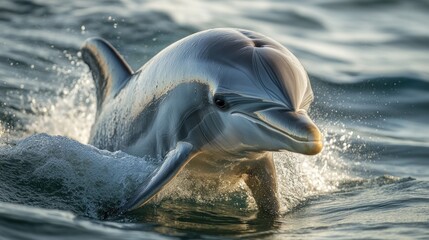 A dolphin swims through the ocean water, its head and upper body above the surface.