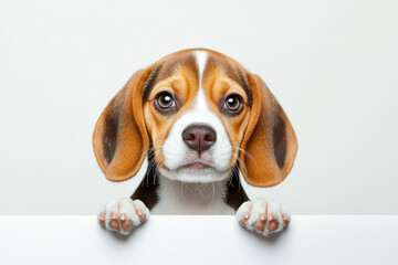 A curious beagle dog peeking over a white surface with expressive eyes, showcasing its playful and friendly nature.