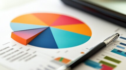 A colorful pie chart on a sheet of paper with a pen on top.