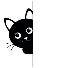 a cartoon illustration of a black cat peeking out from behind a white panel. The cat has round, round eyes and pink ears vector silhouette