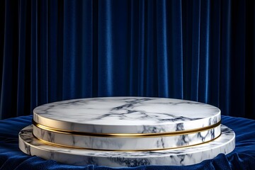 Obraz premium Marble Podium with Blue Velvet Curtains