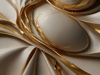 Ribbon-like fluid shapes with gold accents, creating luxury.