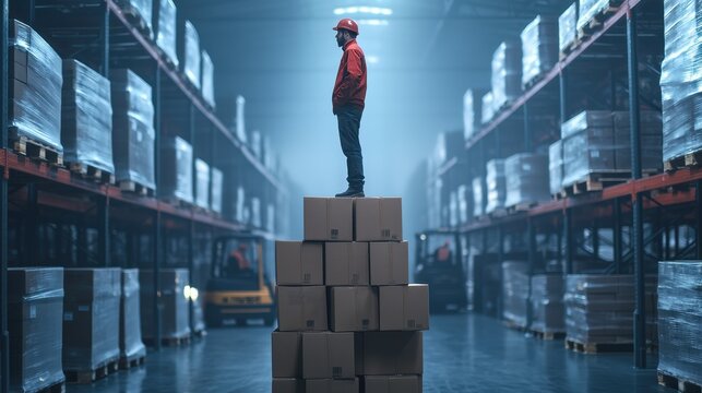 Warehouse worker standing on top of stacked boxes symbolizing risk-taking and unsafe practices in industrial storage environments