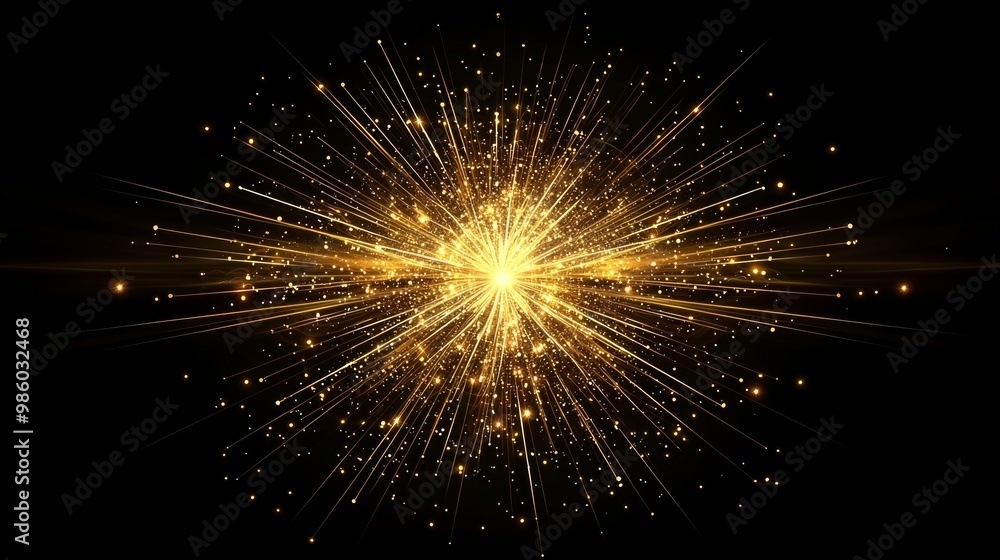 Aufkleber in a dramatic display, yellow particles radiate from a central point, exploding outward into space. 