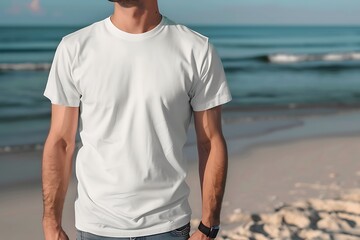 Man blank white T shirt mockup, man beach T shirt mockup, man is at the beach