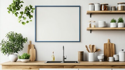 Modern kitchen with wooden shelves, plants, utensils, and a blank frame ready for artwork. Bright and inviting atmosphere.
